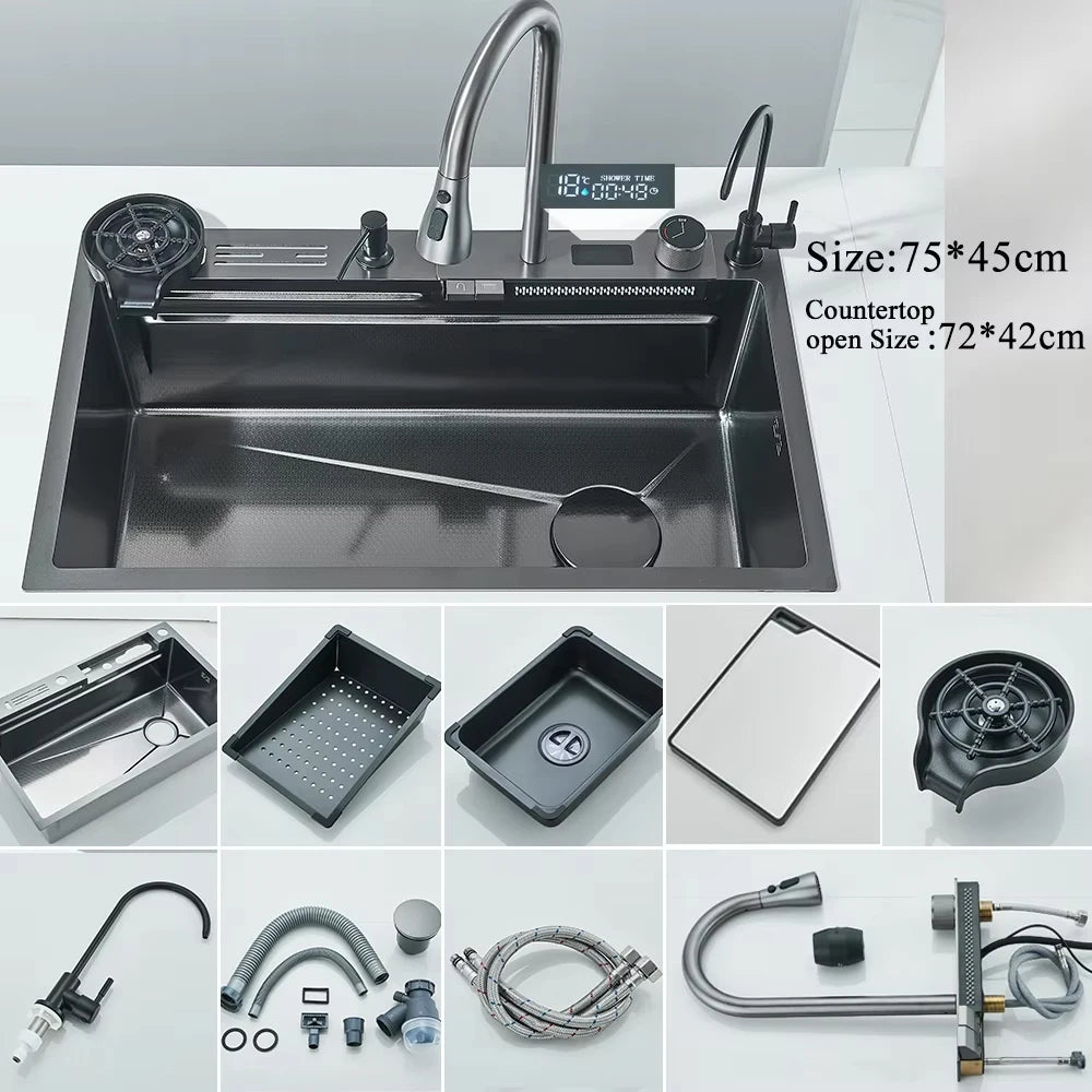 MyQualife 304 Stainless Steel Waterfall Kitchen Sink With Digital Faucet