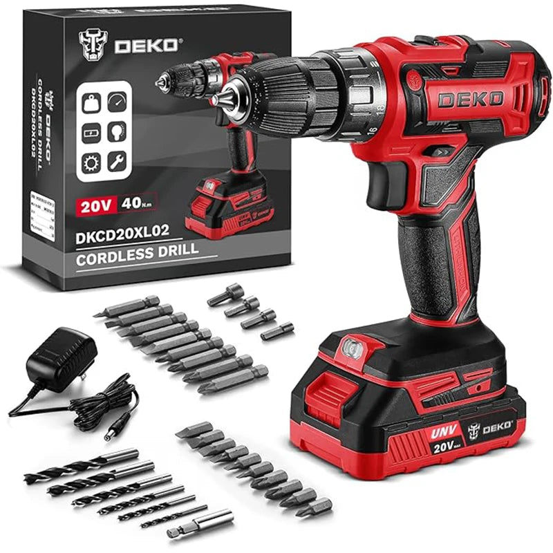 DEKO 20V Cordless Drill Driver Kit With Battery And Charger