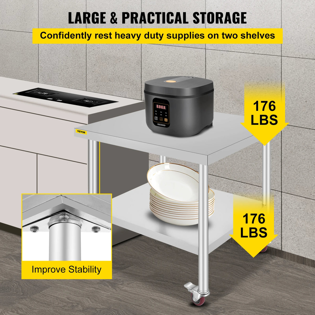 SucceBuy Stainless Steel Kitchen Prep Table With Backsplash And Wheels