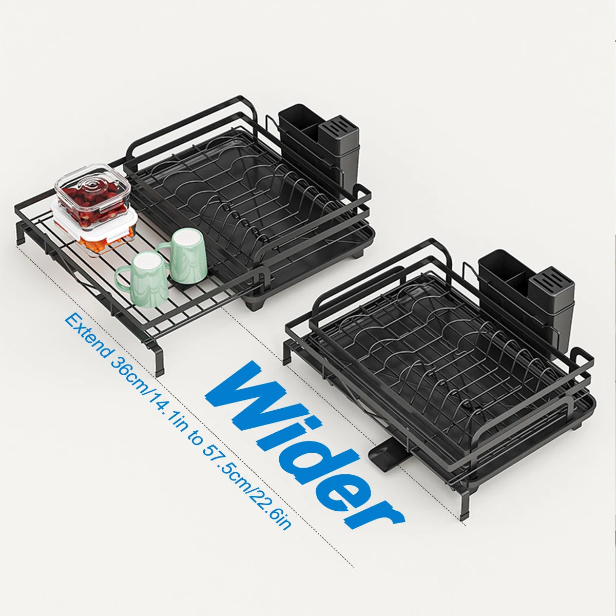 Expandable Kitchen Dish Drainer Rack With Cutlery Holder Spout