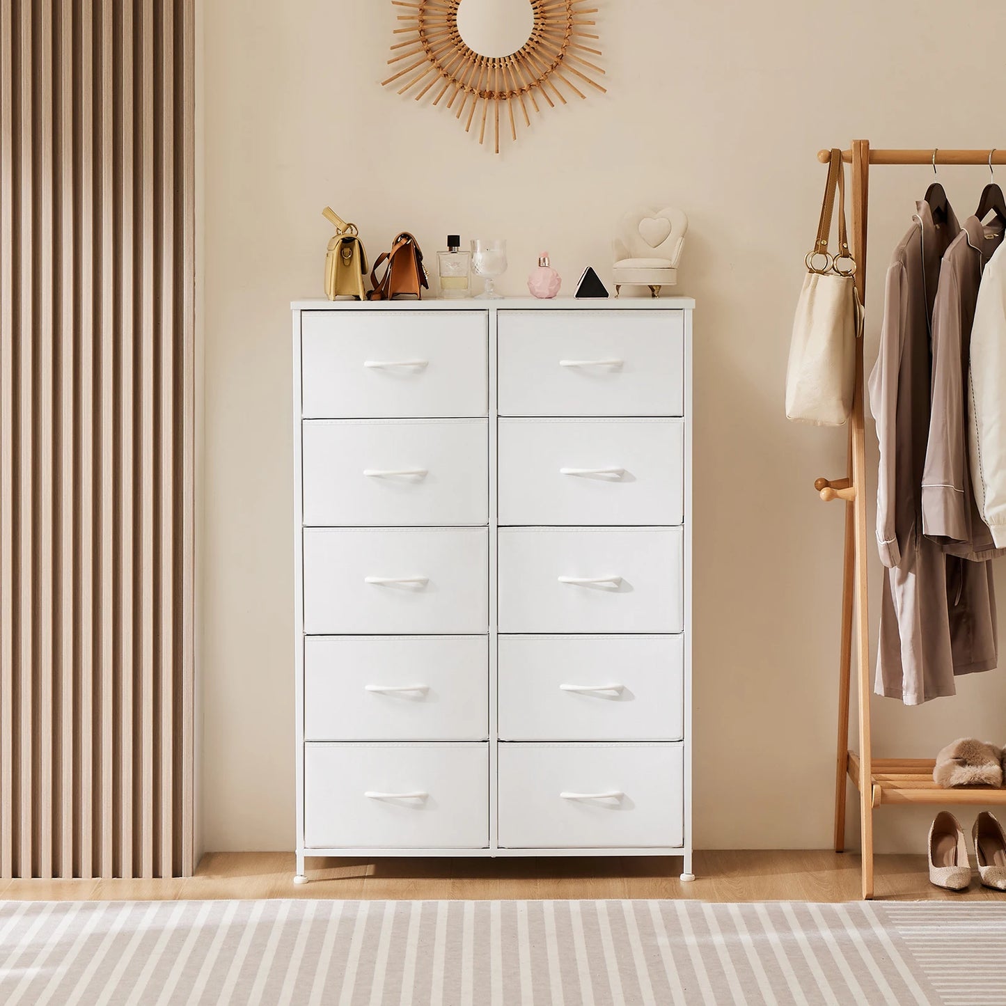 JHK Bedside Table With 10 Fabric Drawers Wardrobe Steel Frame