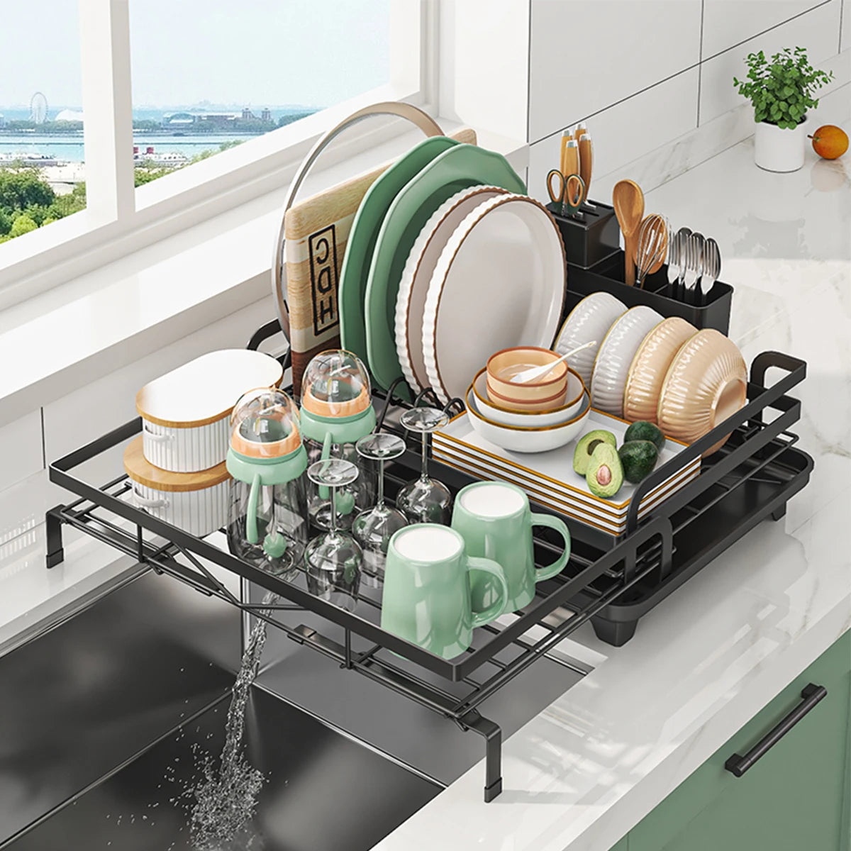 Expandable Kitchen Dish Drainer Rack With Cutlery Holder Spout