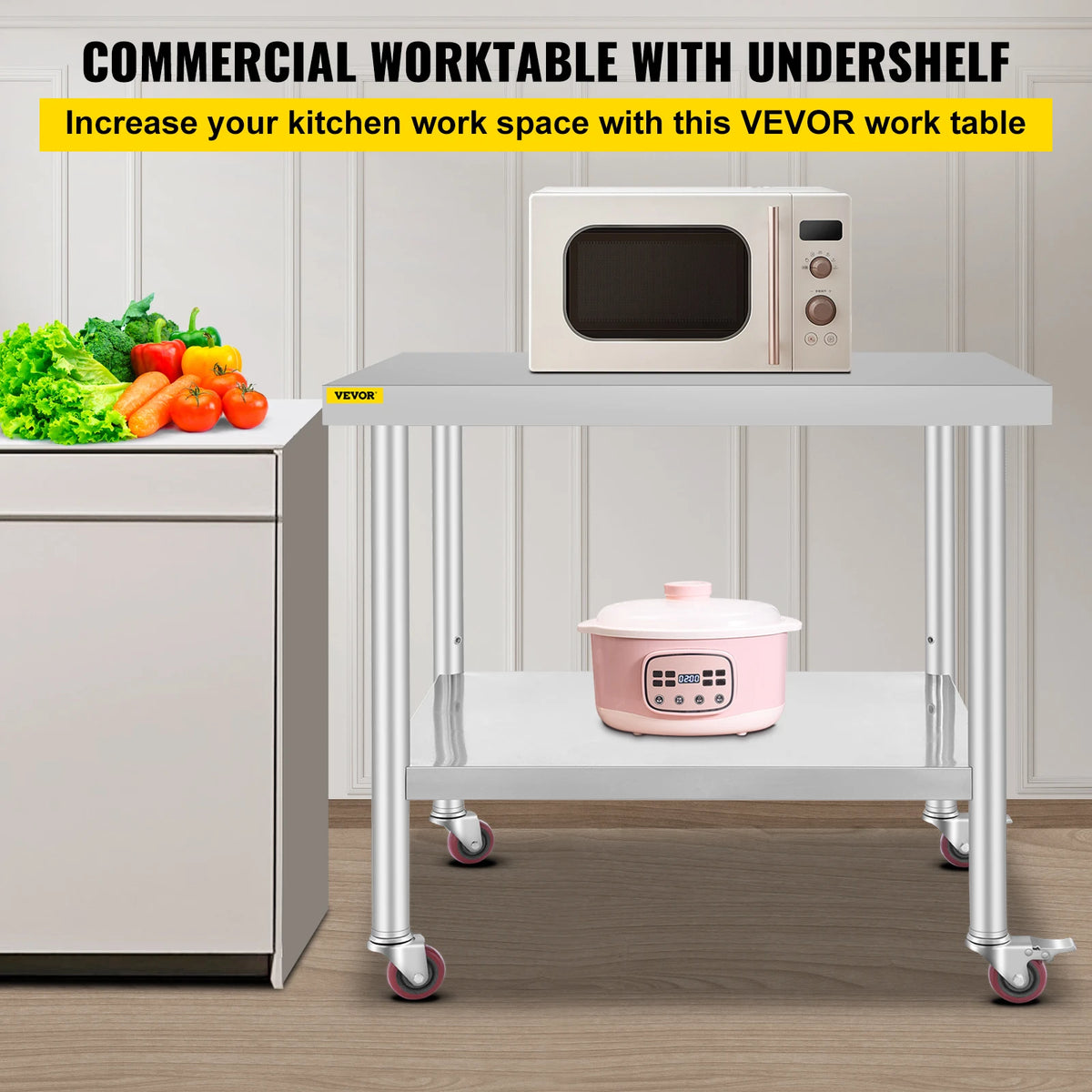 SucceBuy Stainless Steel Kitchen Prep Table With Backsplash And Wheels
