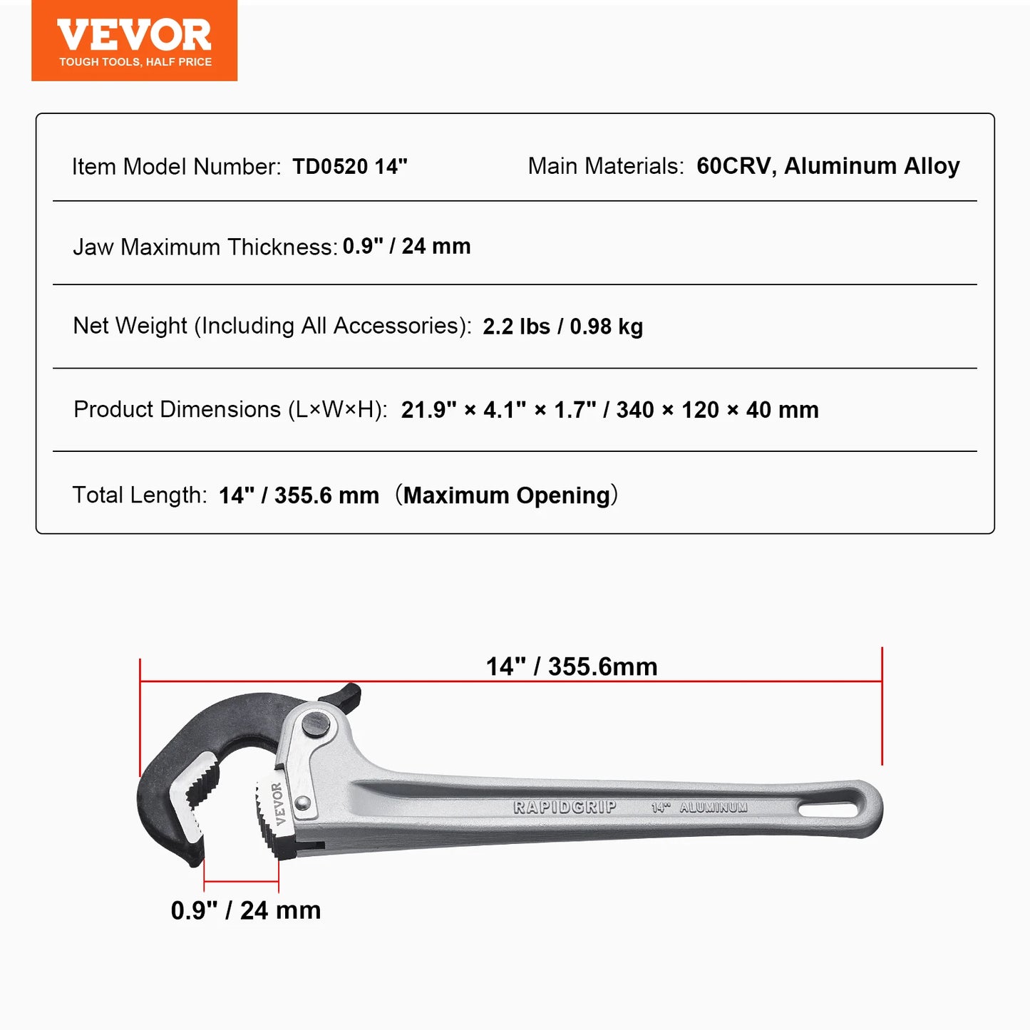 SucceBuy Aluminum Pipe Wrench Adjustable Straight Plumbing Tool