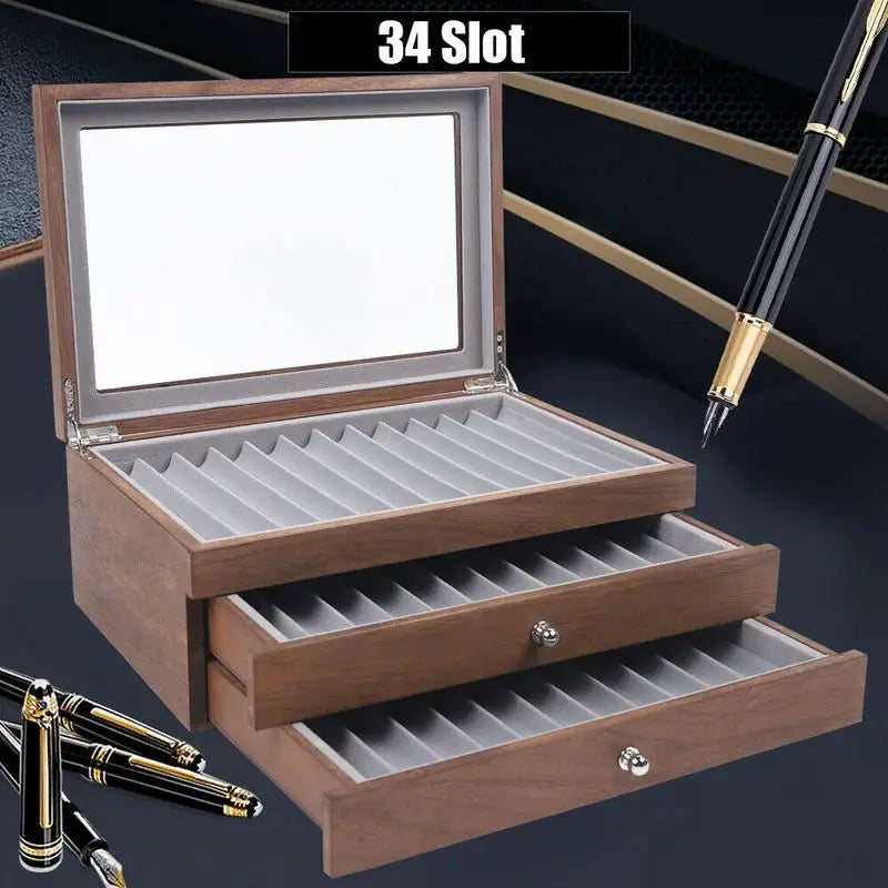 Walnut Wood Pen Storage Case With 34 Slots And Drawer