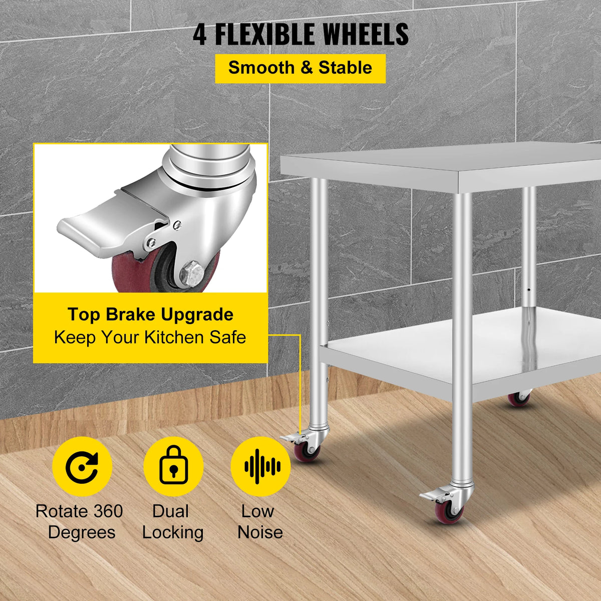 SucceBuy Stainless Steel Kitchen Prep Table With Backsplash And Wheels