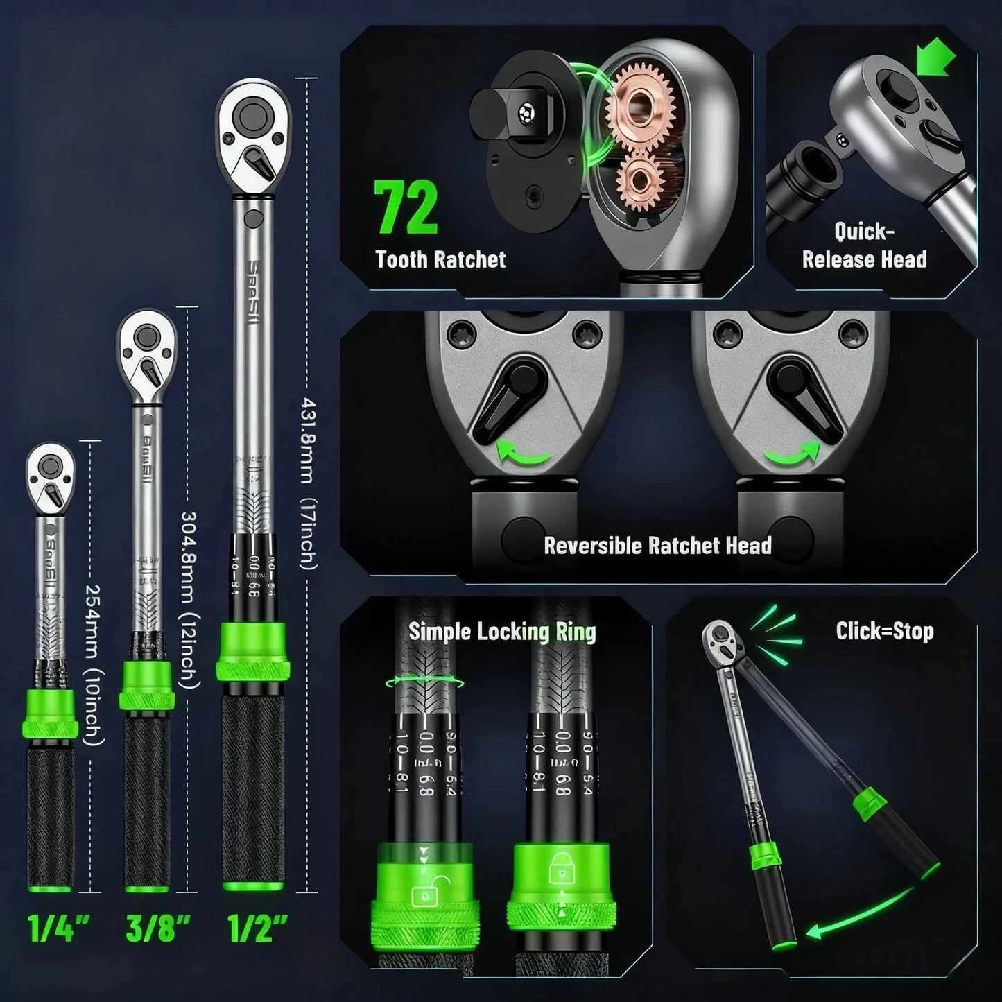 3 Piece Dual Scale Torque Wrench Set With Click Mechanism