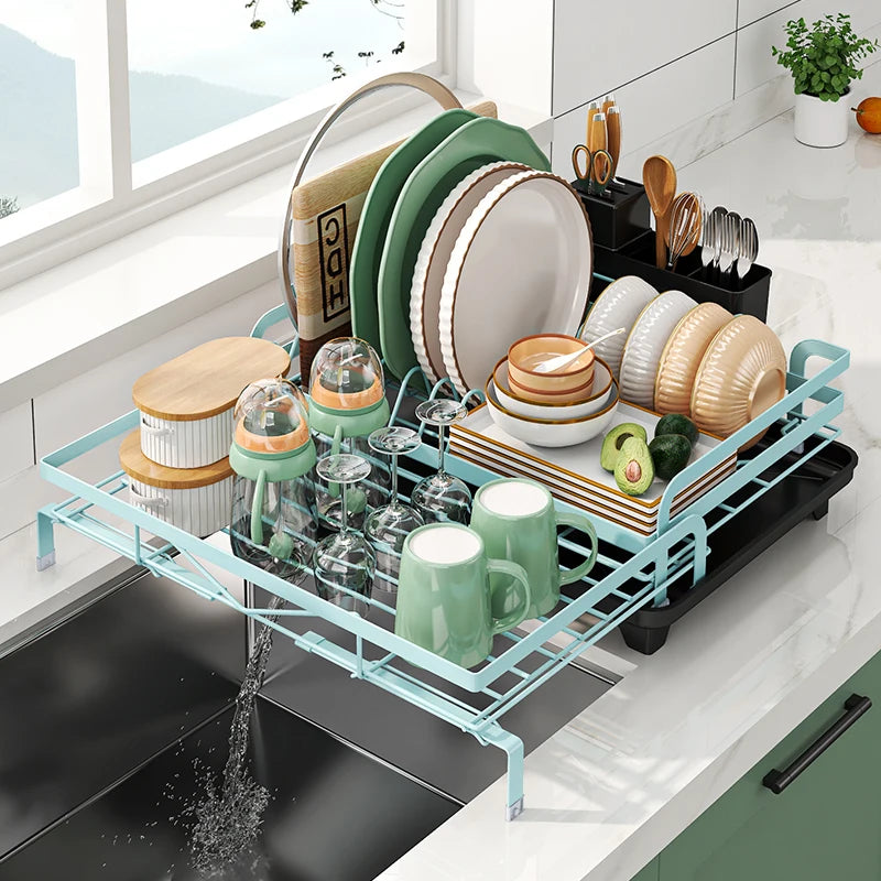 Expandable Kitchen Dish Drainer Rack With Cutlery Holder Spout