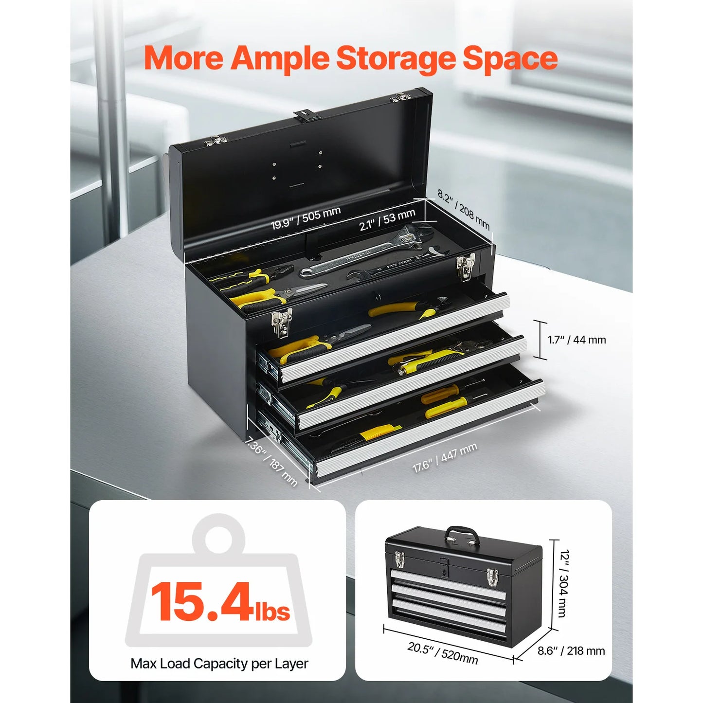 SucceBuy 3-Drawer Metal Tool Box With EVA Liners Organizer