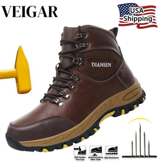 VEIGAR Waterproof Leather Safety Boots For Men Indestructible AntiPuncture