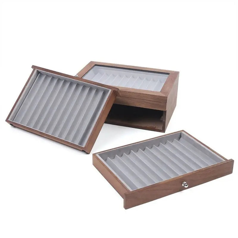 Walnut Wood Pen Storage Case With 34 Slots And Drawer