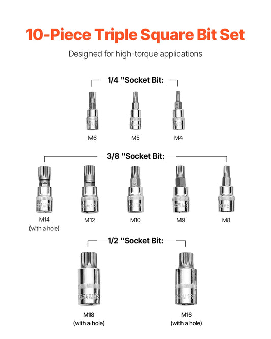 SucceBuy XZN Triple Square Bit Socket Set TenPiece CrV Steel