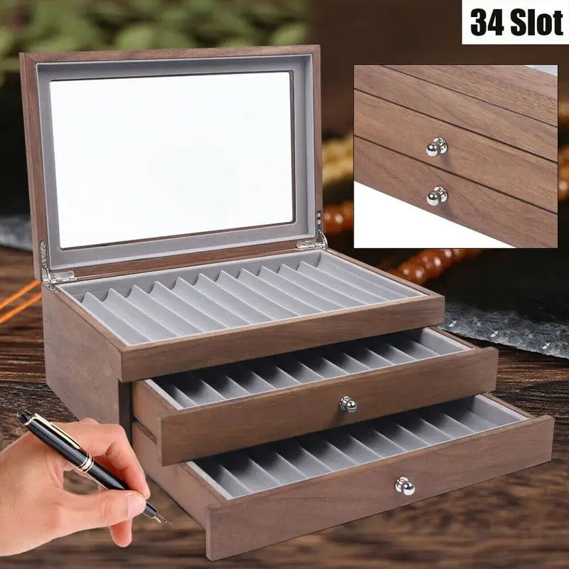 Walnut Wood Pen Storage Case With 34 Slots And Drawer