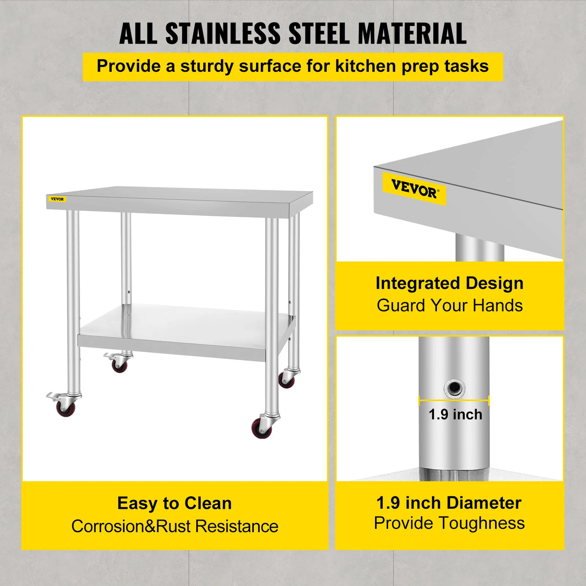 SucceBuy Stainless Steel Kitchen Prep Table With Backsplash And Wheels