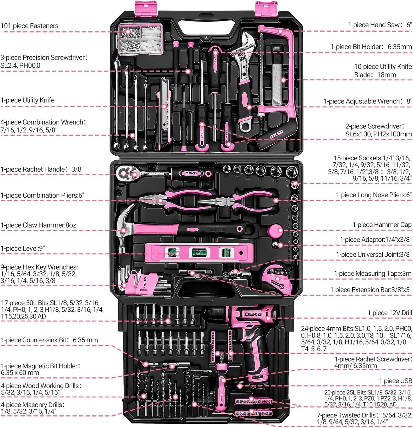 DEKO 12V Cordless Drill Home Mechanic Toolbox With Organizer Case