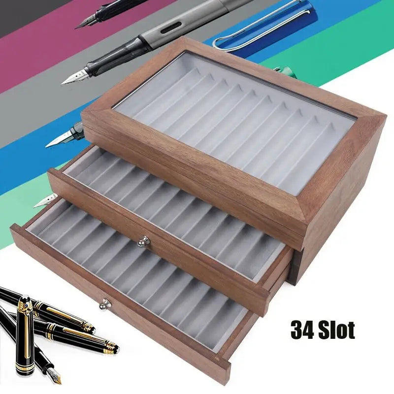 Walnut Wood Pen Storage Case With 34 Slots And Drawer