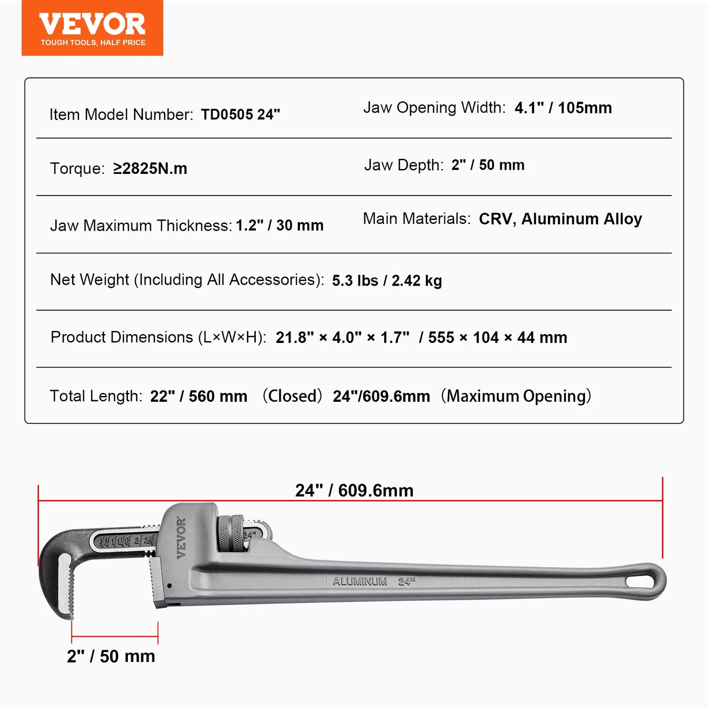 SucceBuy Aluminum Pipe Wrench Adjustable Straight Plumbing Tool