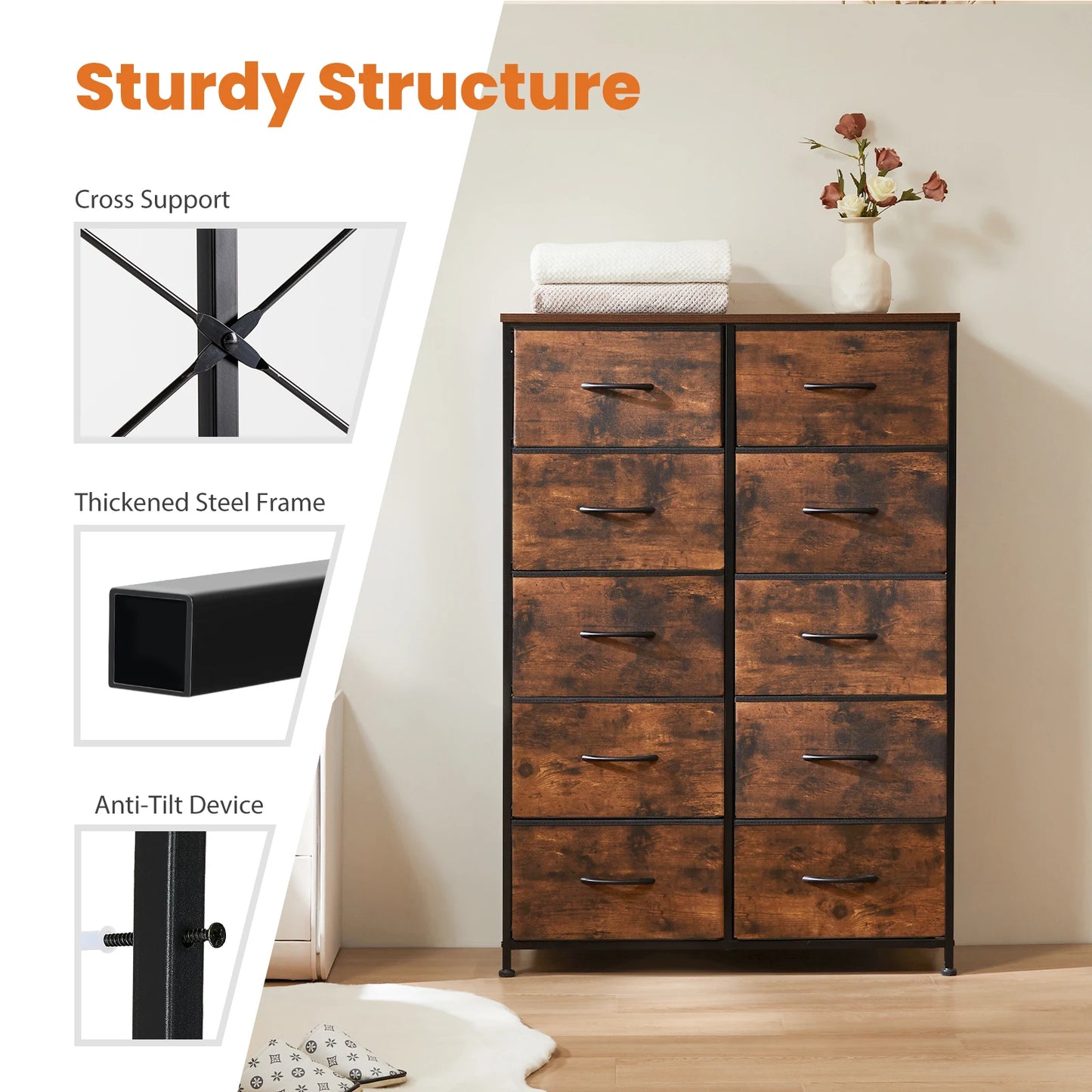 JHK Bedside Table With 10 Fabric Drawers Wardrobe Steel Frame