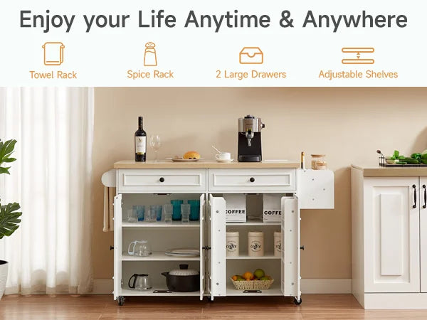 Mobile Kitchen Island Cart With Drop Leaf And Power Outlet
