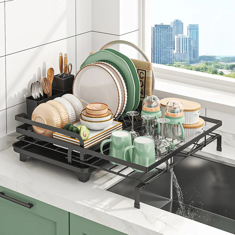 Expandable Kitchen Dish Drainer Rack With Cutlery Holder Spout