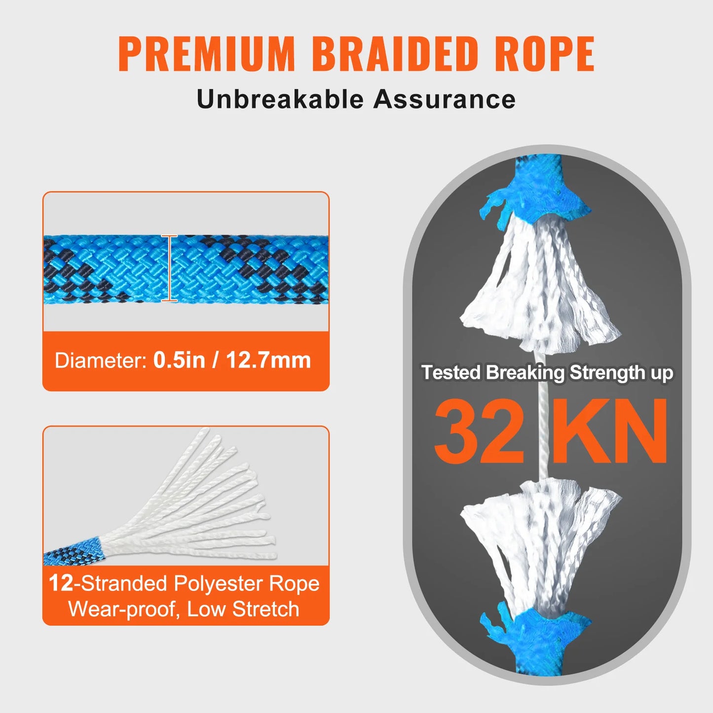VEVOR Static Climbing Rope 32 KN With Steel Snap Hooks