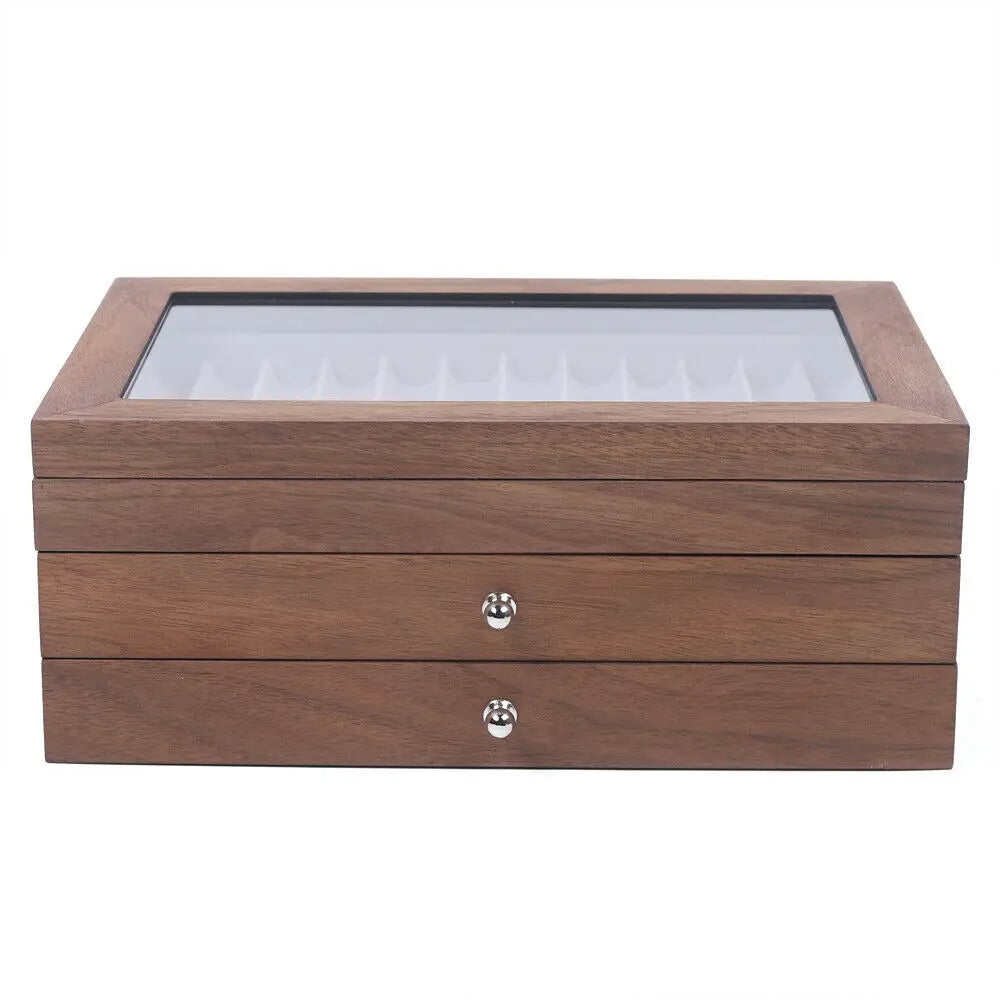 Walnut Wood Pen Storage Case With 34 Slots And Drawer