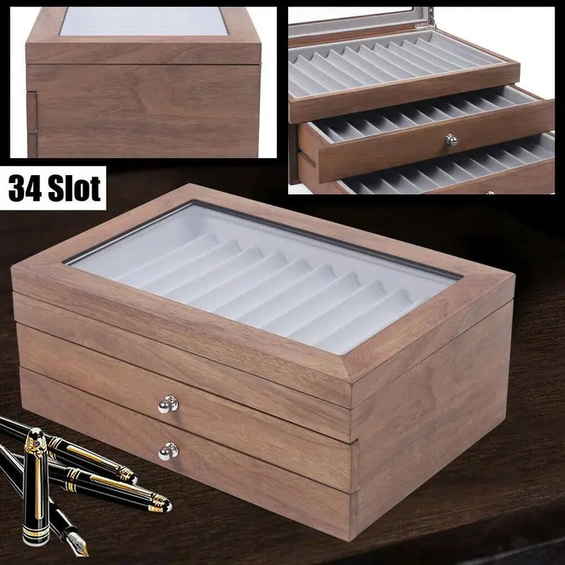 Walnut Wood Pen Storage Case With 34 Slots And Drawer