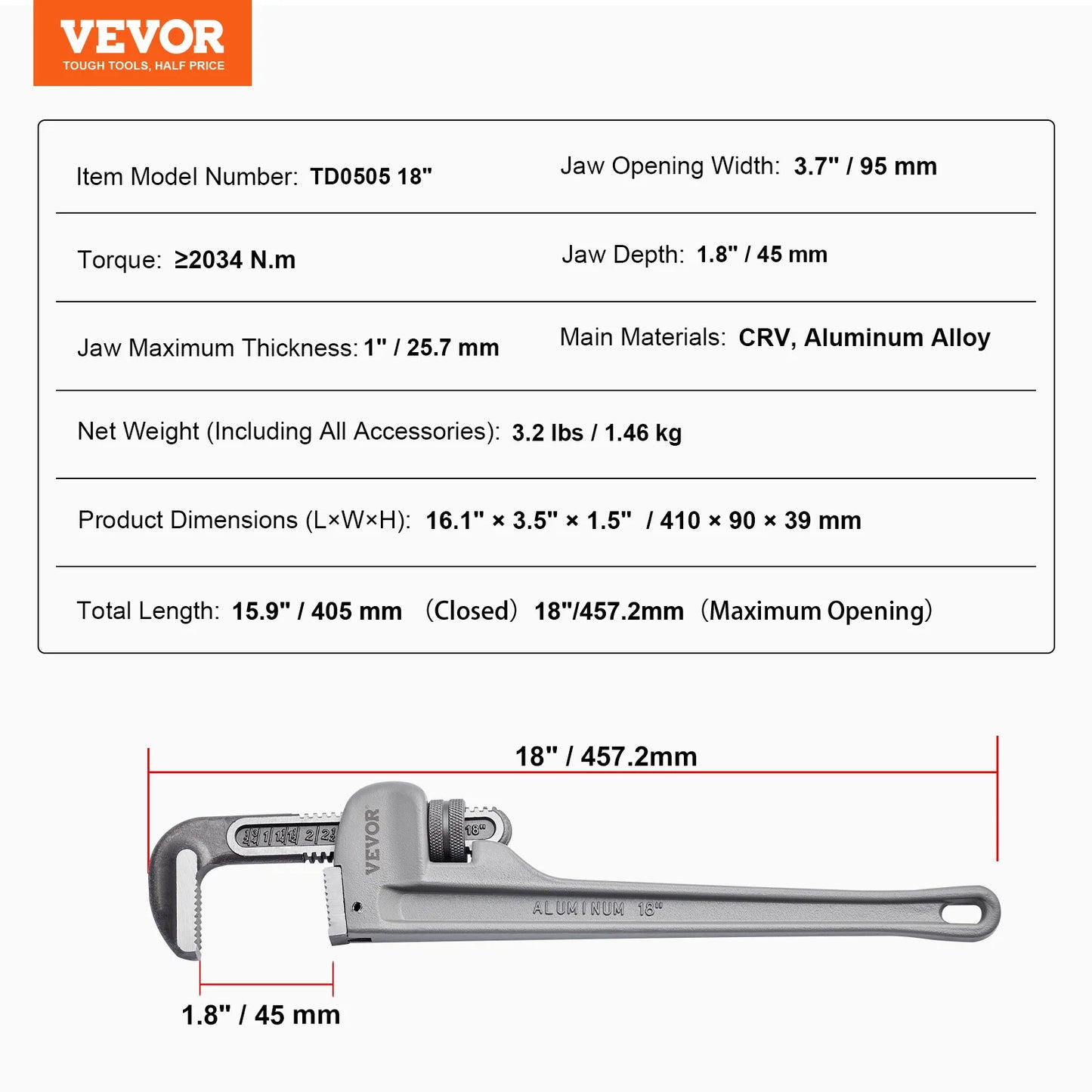 SucceBuy Aluminum Pipe Wrench Adjustable Straight Plumbing Tool