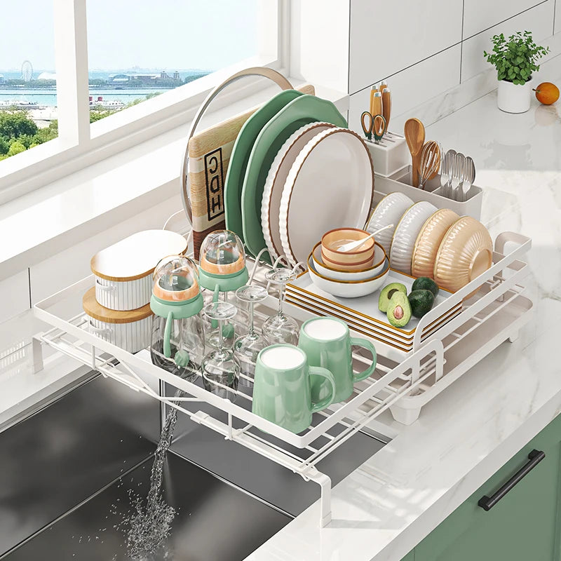 Expandable Kitchen Dish Drainer Rack With Cutlery Holder Spout