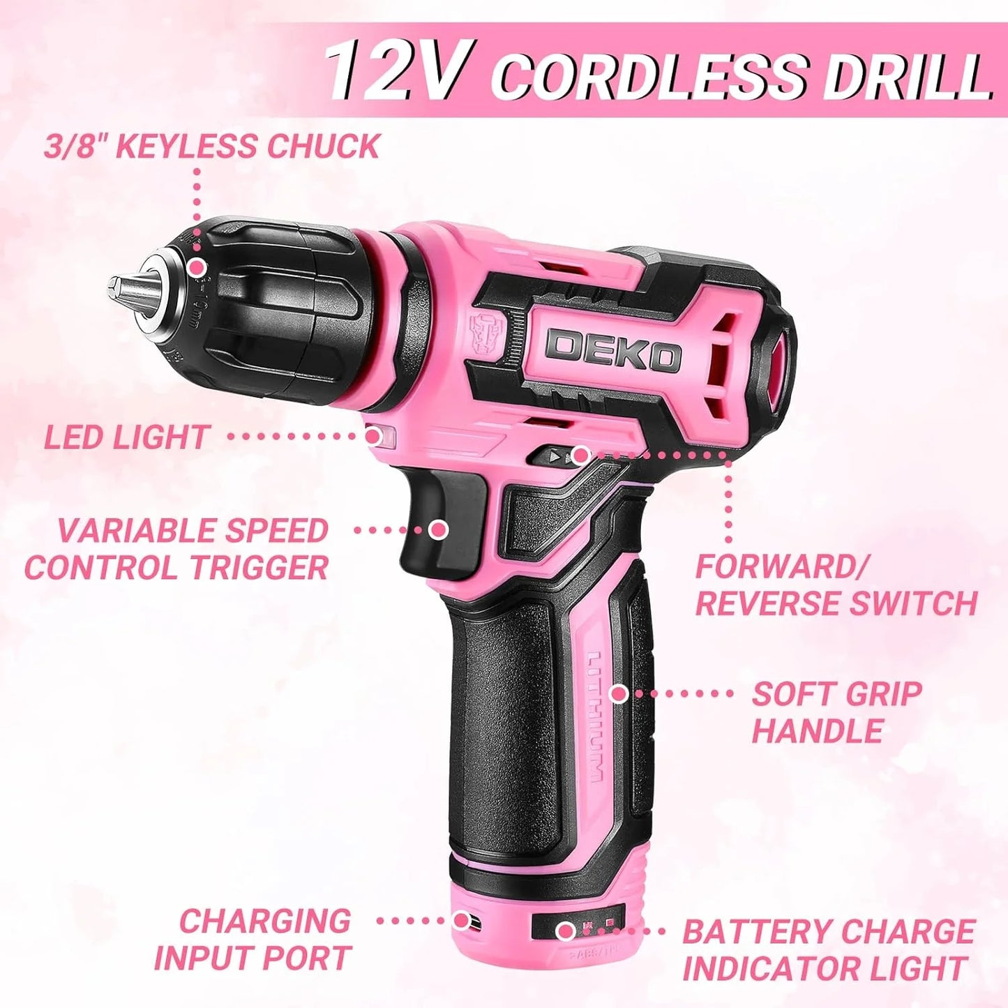 DEKO 12V Cordless Drill Home Mechanic Toolbox With Organizer Case