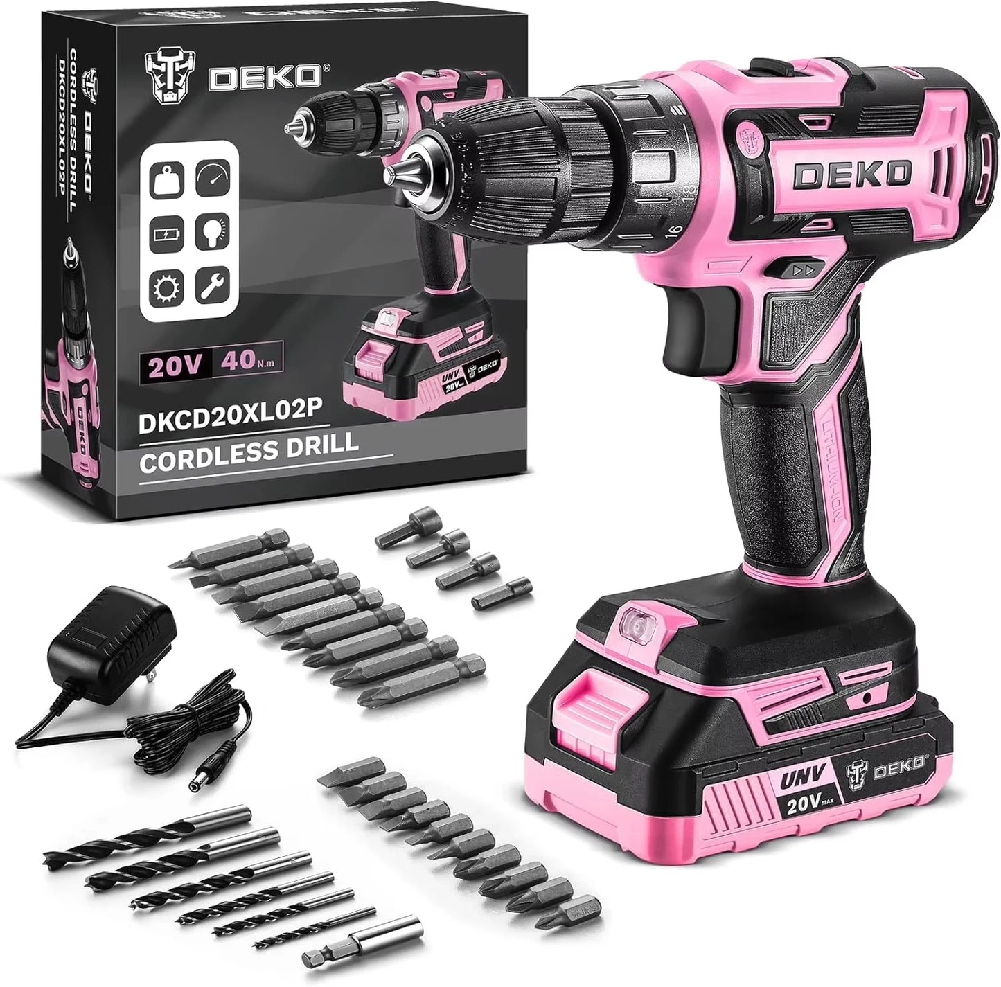 DEKO 20V Cordless Drill Driver Kit With Battery And Charger
