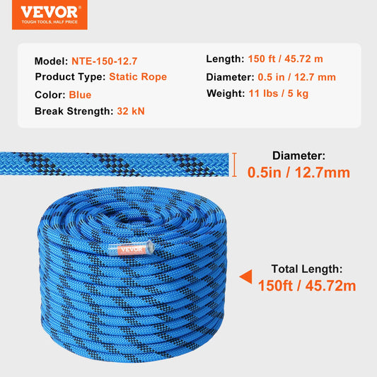 VEVOR Static Climbing Rope 32 KN With Steel Snap Hooks