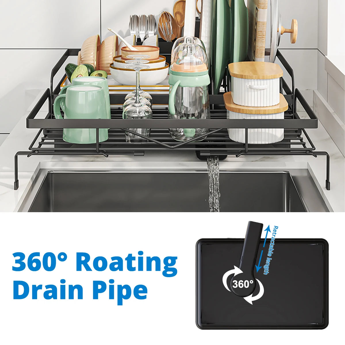 Expandable Kitchen Dish Drainer Rack With Cutlery Holder Spout