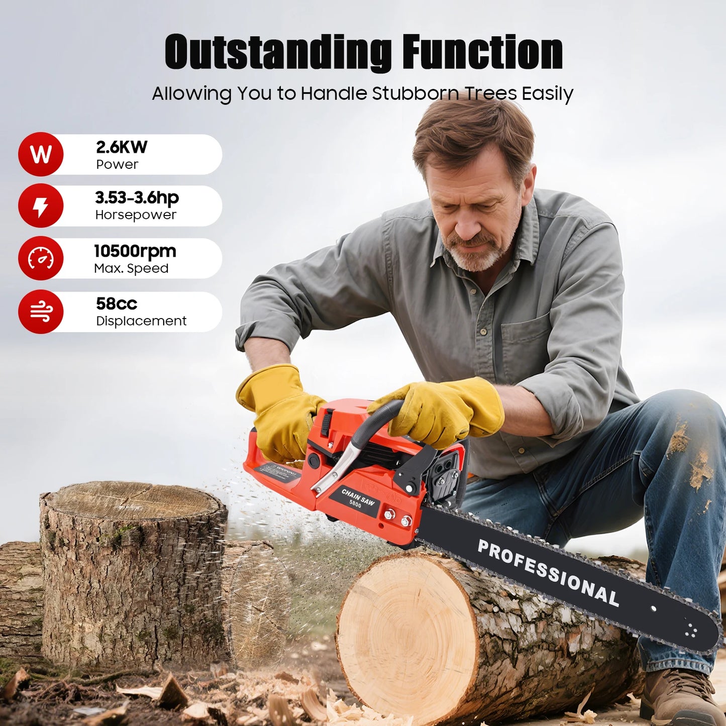 Two Stroke Gas Chainsaw For Wood Cutting And Pruning