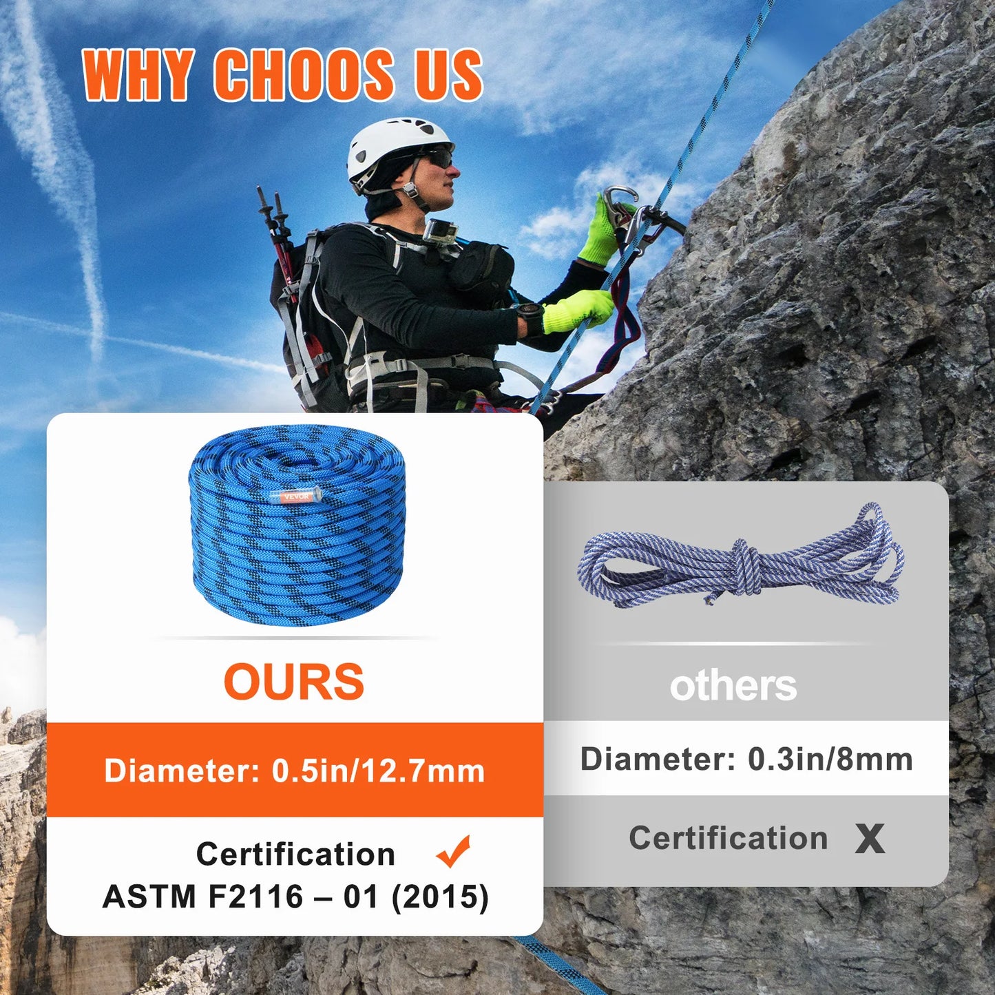 VEVOR Static Climbing Rope 32 KN With Steel Snap Hooks