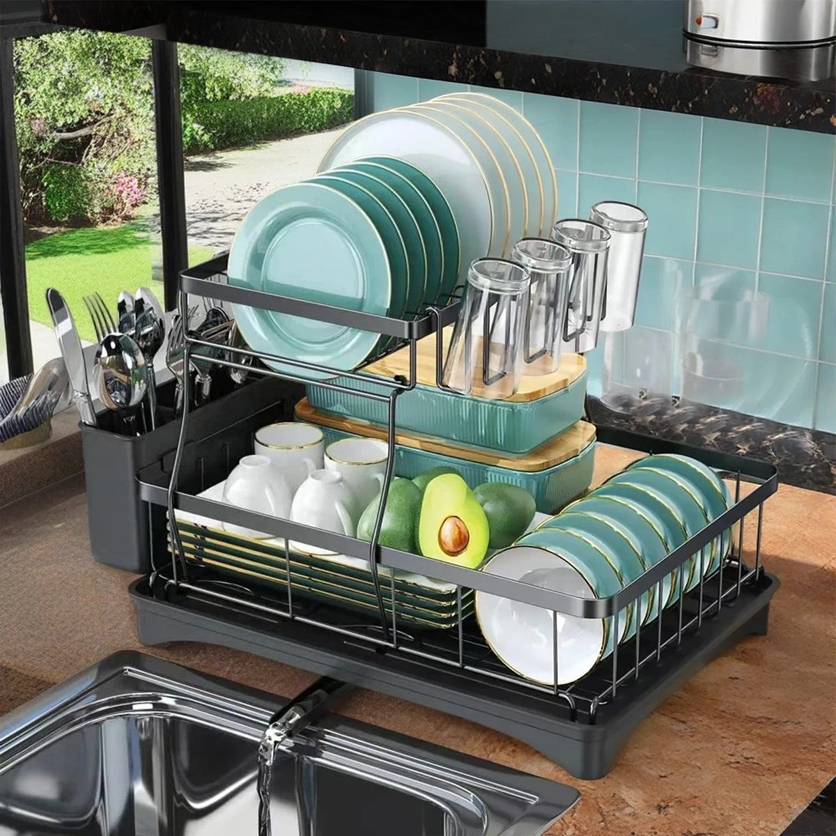Two Tier Countertop Dish Drying Rack With Removable Drainboard