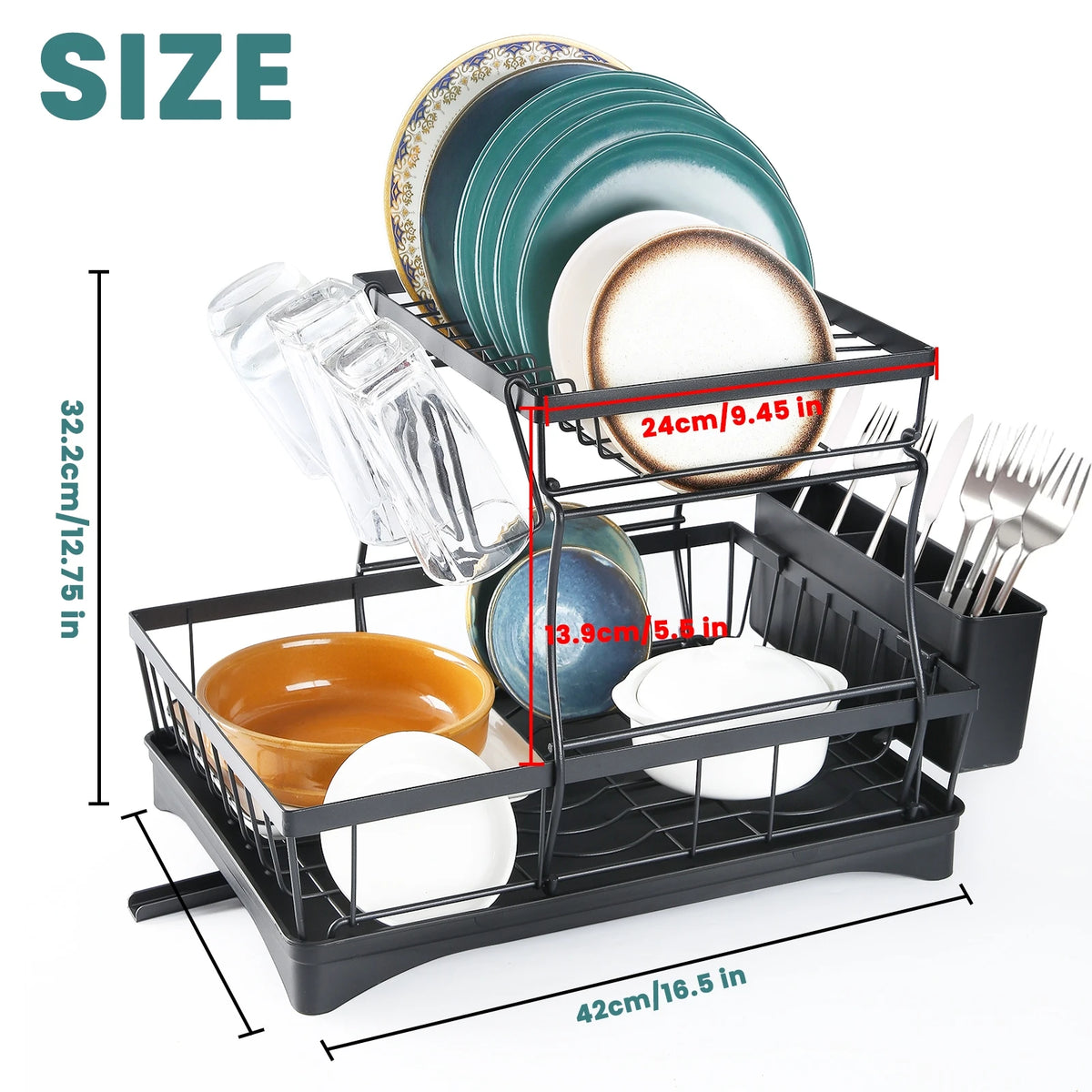 Two Tier Countertop Dish Drying Rack With Removable Drainboard