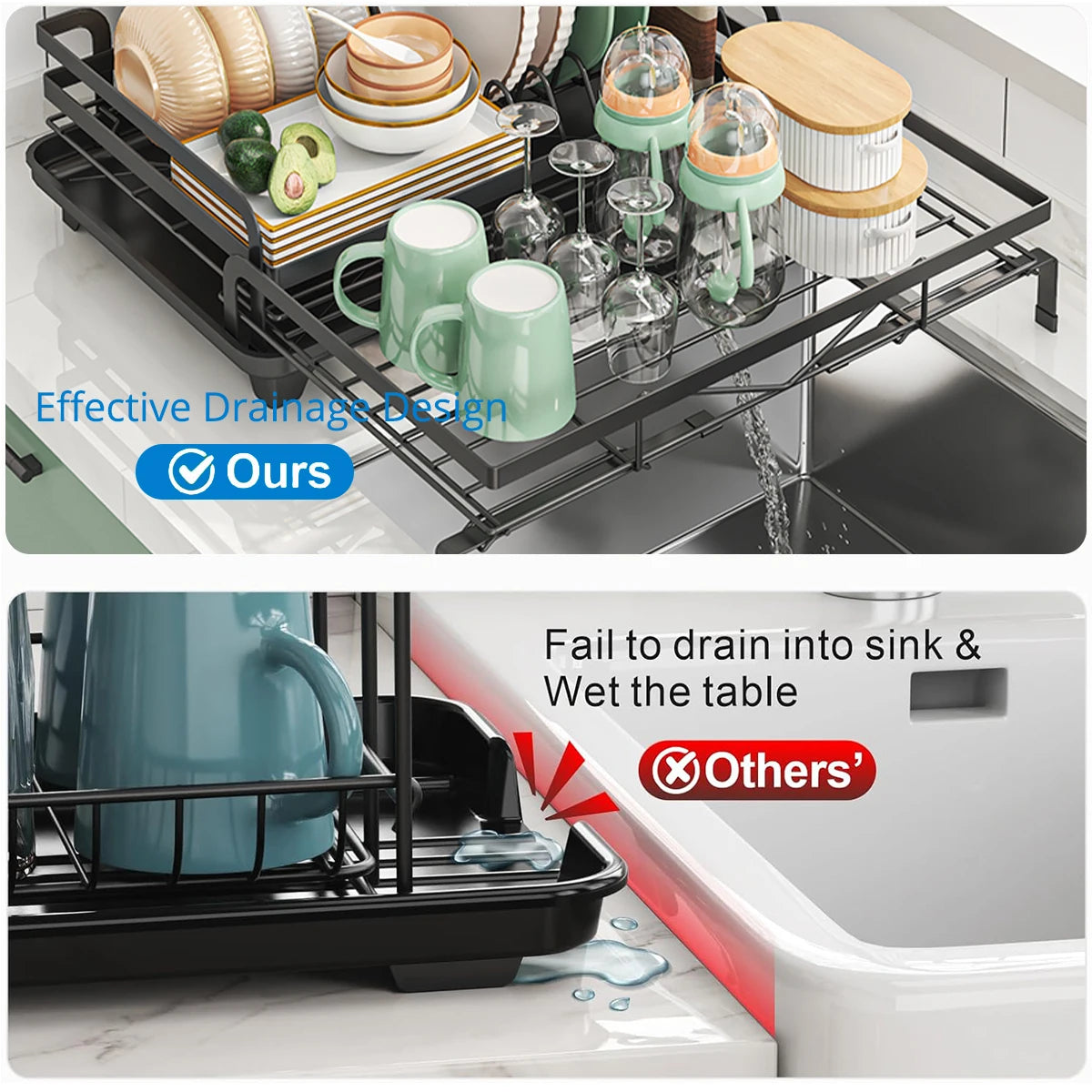 Expandable Kitchen Dish Drainer Rack With Cutlery Holder Spout