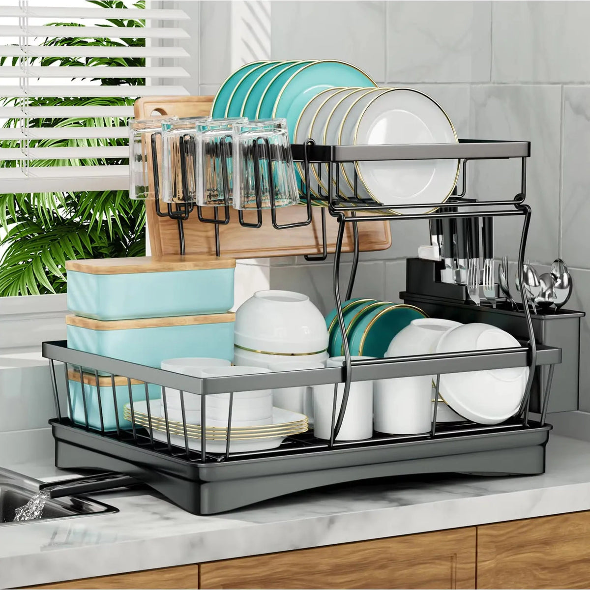 Two Tier Countertop Dish Drying Rack With Removable Drainboard