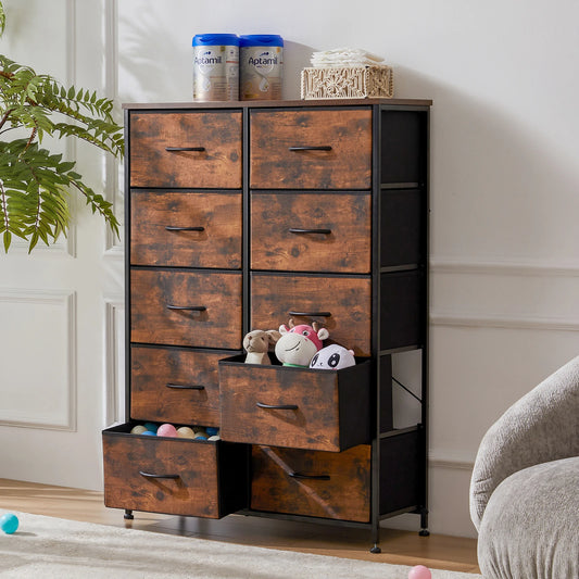 JHK Bedside Table With 10 Fabric Drawers Wardrobe Steel Frame
