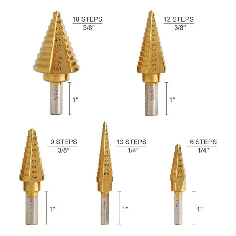 Meyoutown Step Drill Bit Set 5 Piece Titanium Coated HSS