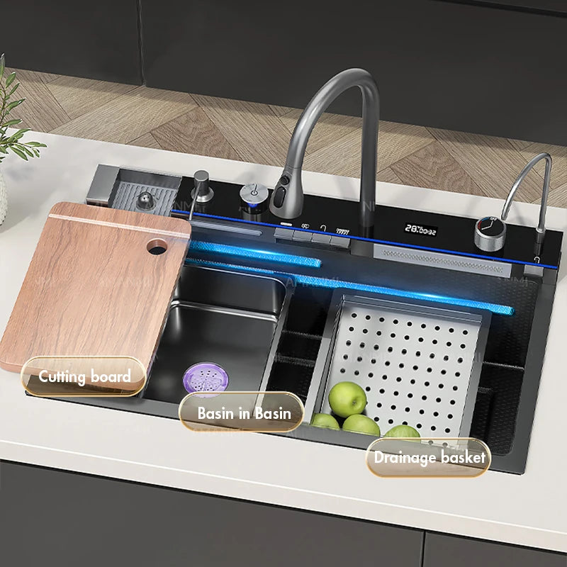 MyQualife 304 Stainless Steel Waterfall Kitchen Sink With Digital Faucet