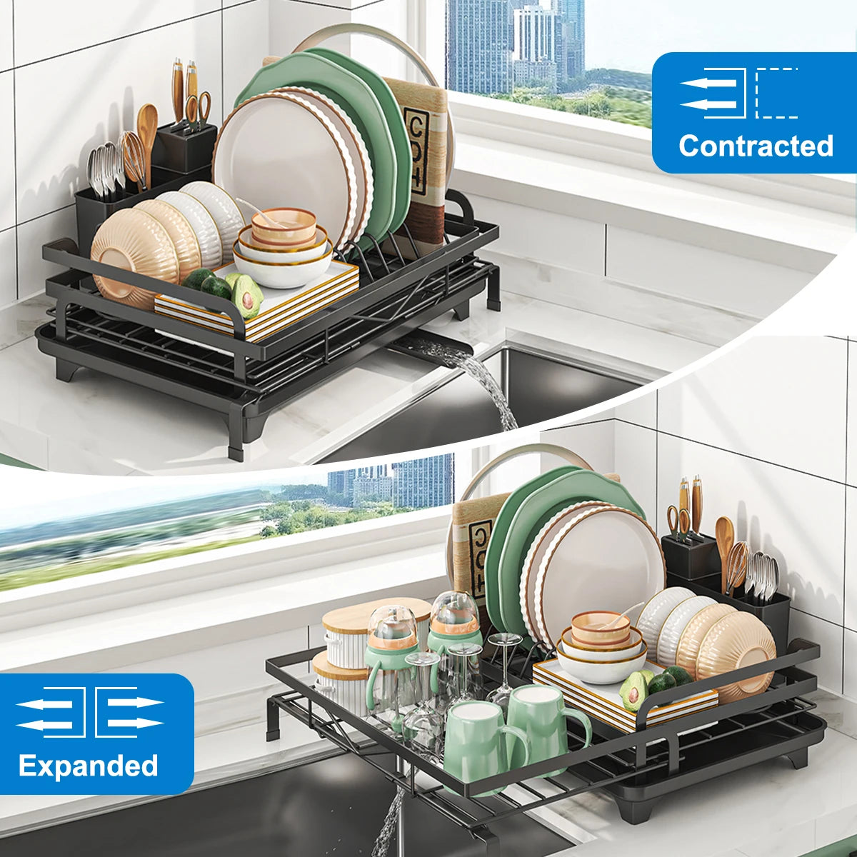 Expandable Kitchen Dish Drainer Rack With Cutlery Holder Spout
