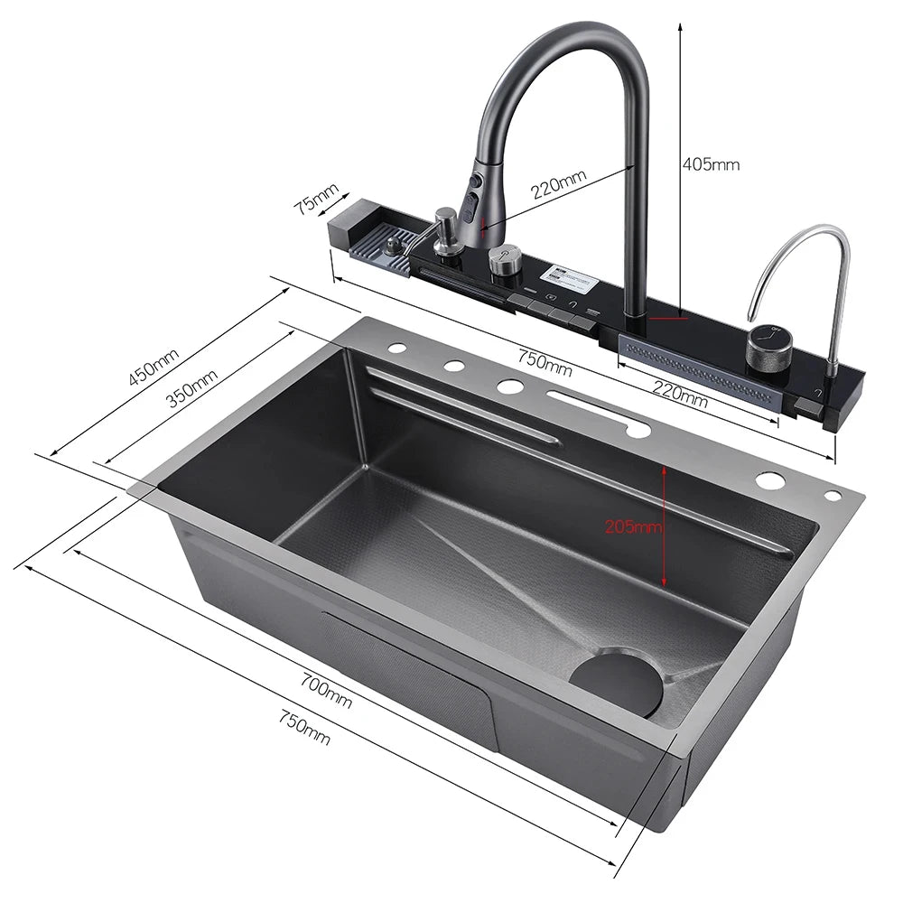 MyQualife 304 Stainless Steel Waterfall Kitchen Sink With Digital Faucet