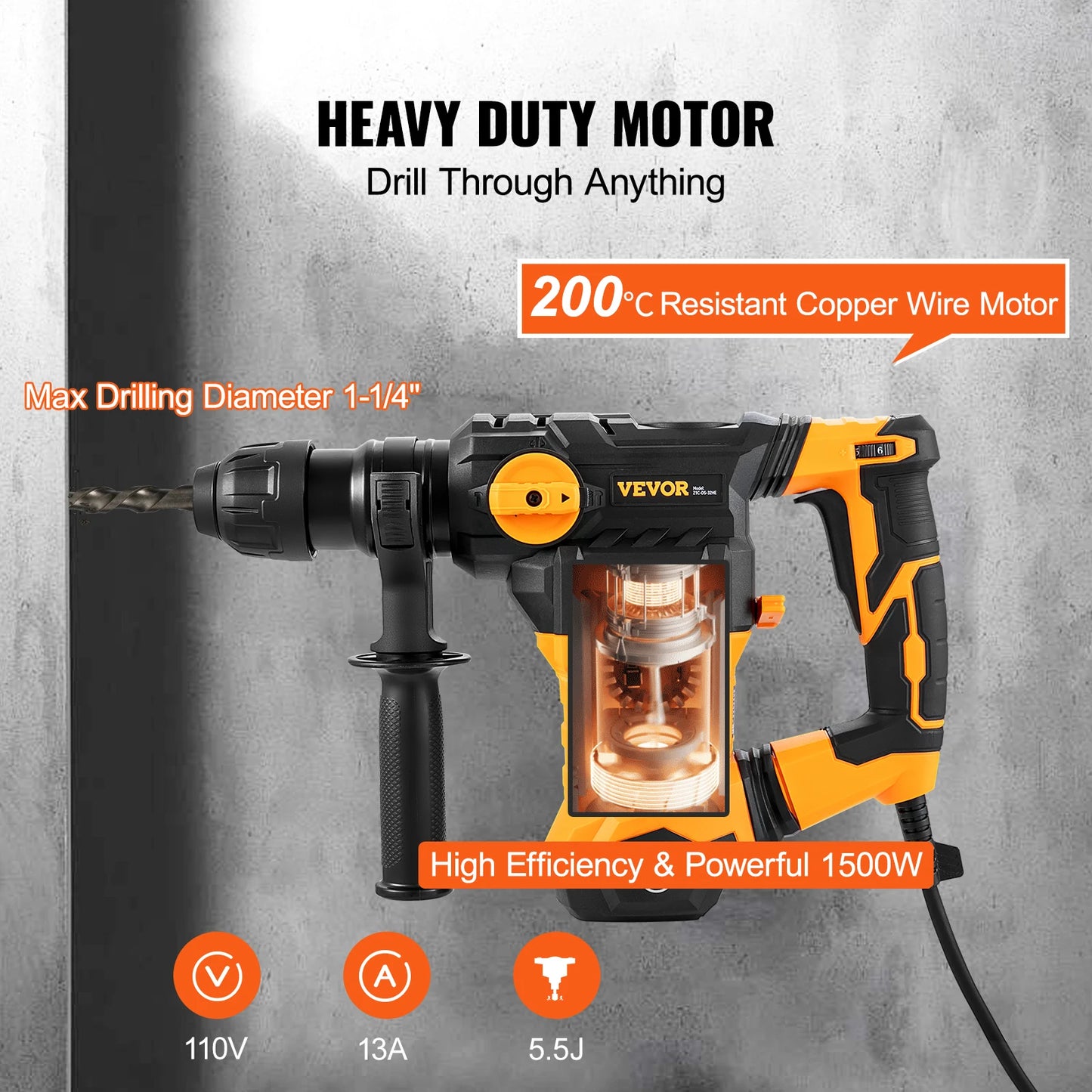 SucceBuy 1500W Corded Rotary Hammer Drill With 4 Modes