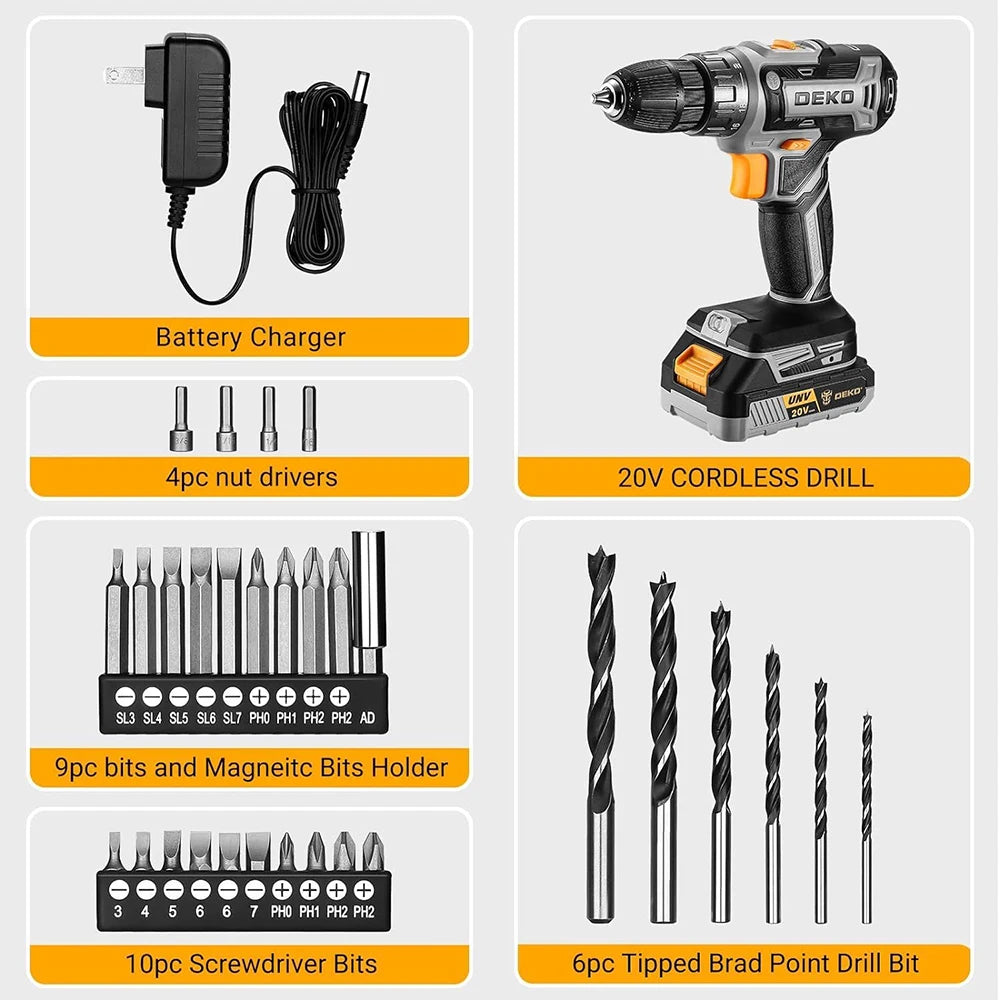 DEKO 20V Cordless Drill Driver Kit With Battery And Charger