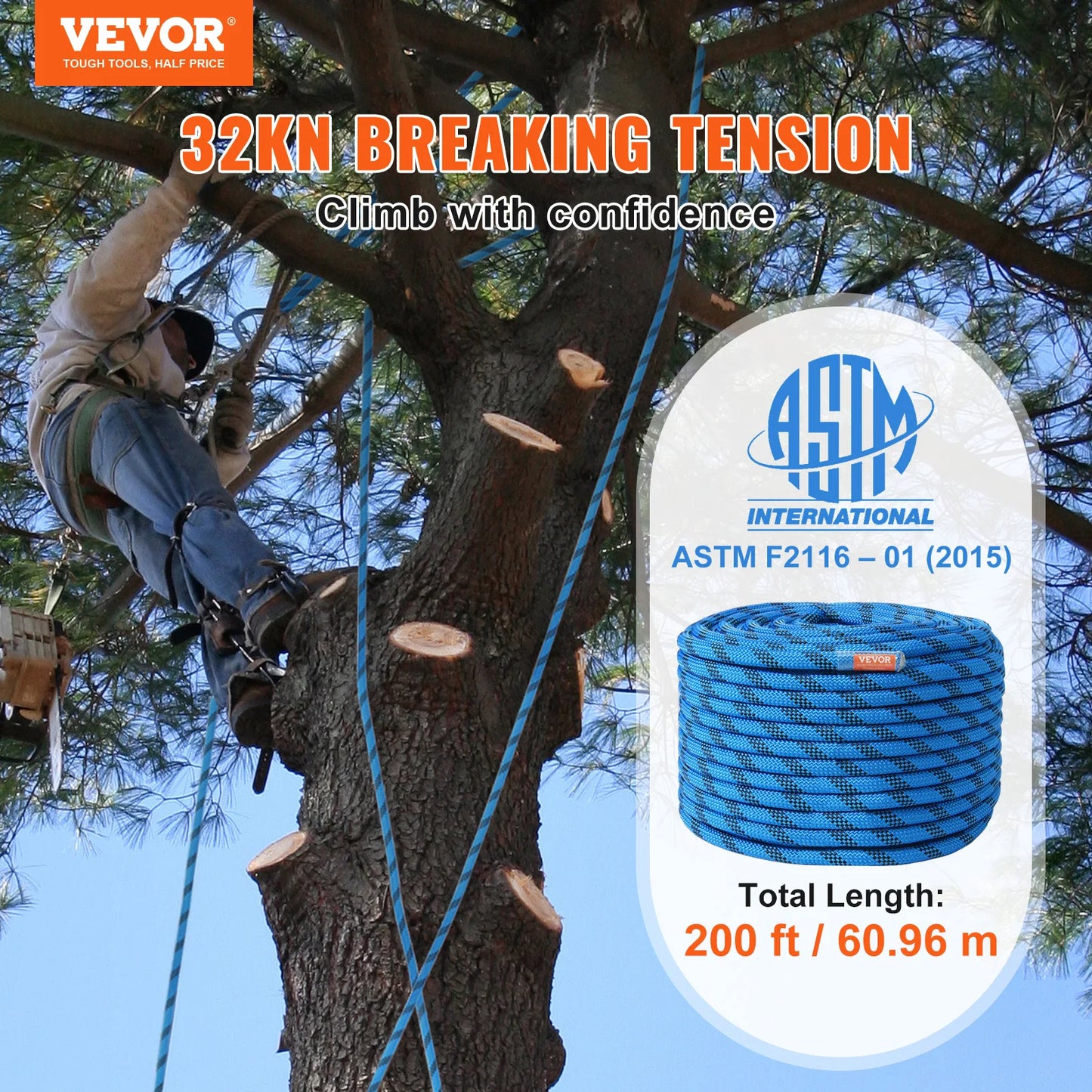VEVOR Static Climbing Rope 32 KN With Steel Snap Hooks