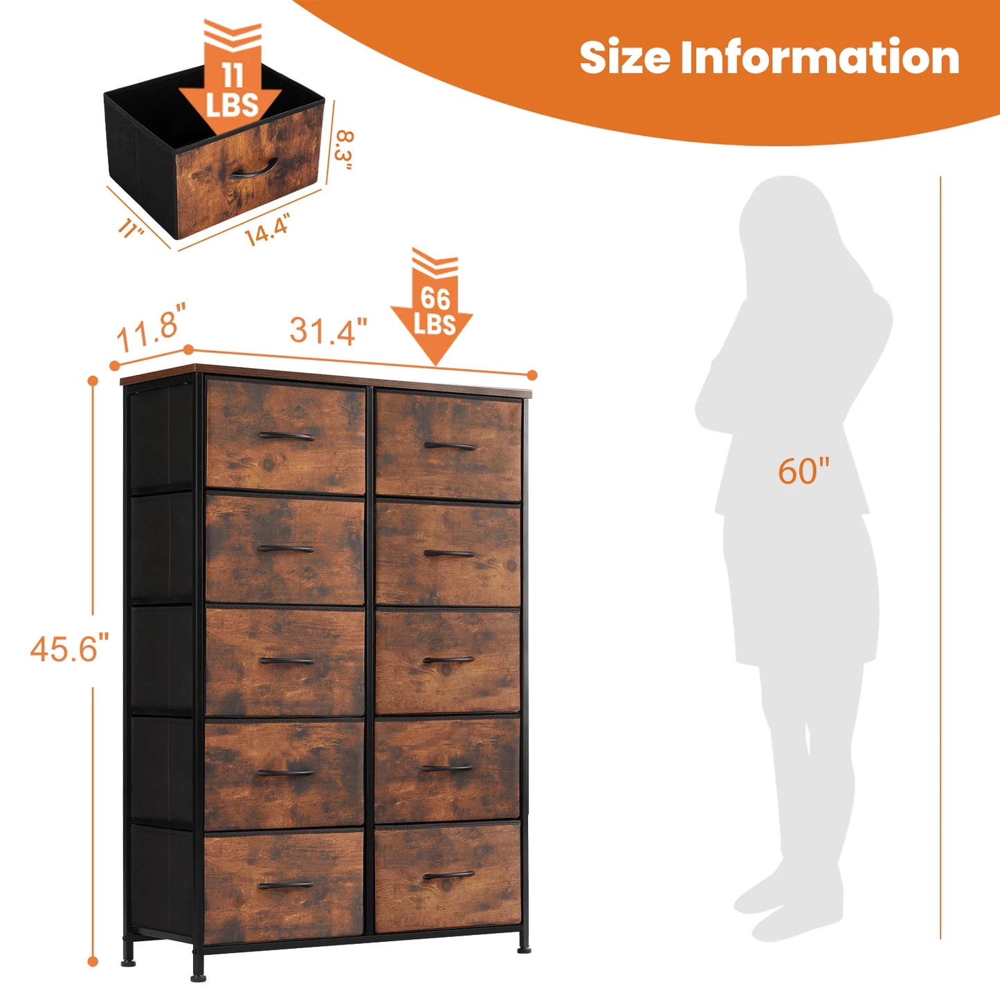 JHK Bedside Table With 10 Fabric Drawers Wardrobe Steel Frame
