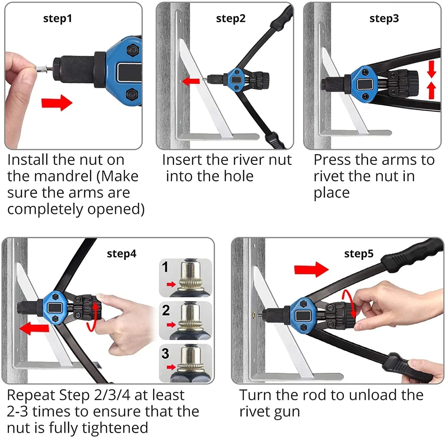 MEYOUTOWN Rivnut Tool Set Hand Riveter With 11 Mandrels