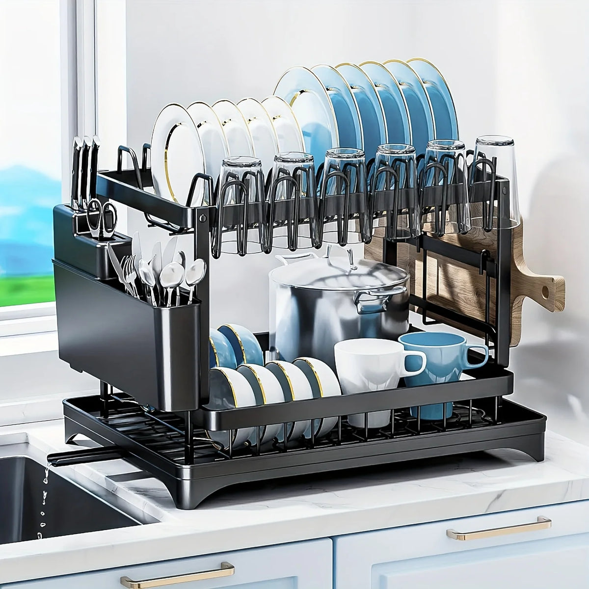Metal Dish Drying Rack With Drainboard For Plates And Utensils